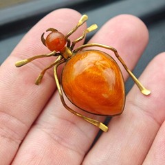 Vintage Soviet Baltic Amber Beetle Spider Brooch Honey Amber