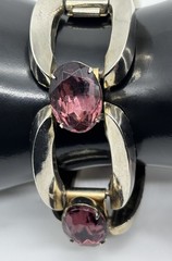 Vintage Modernist-Style Chunky Bracelet Silver-Tone Oval Prong-Set Purple Stones