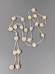 Vintage Faux Pearl Round Bead Tassel Necklace White Cream 28 in