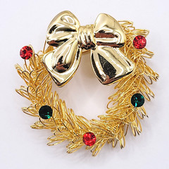 Christmas Holiday Wreath Gold Tone Loop Wire with Red & Green Rhinestones Brooch