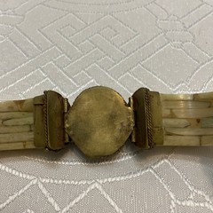 Vintage India Inlaid Bone Horn Brass Hinged Cabochon Gem Bracelet Clamper Close