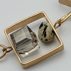 Art Deco Multi Gemstone Charm Square Frame Link Chain Necklace Gold Tone 21″ Adj