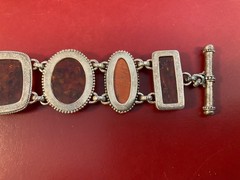 Vintage Amber, Ivory, Brown Cabochon Bracelet Sterling Silver