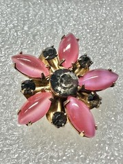 Vintage Jems By JMS 12k GF pink & Cats Eye & Purple Rhinestone Flower Earrings