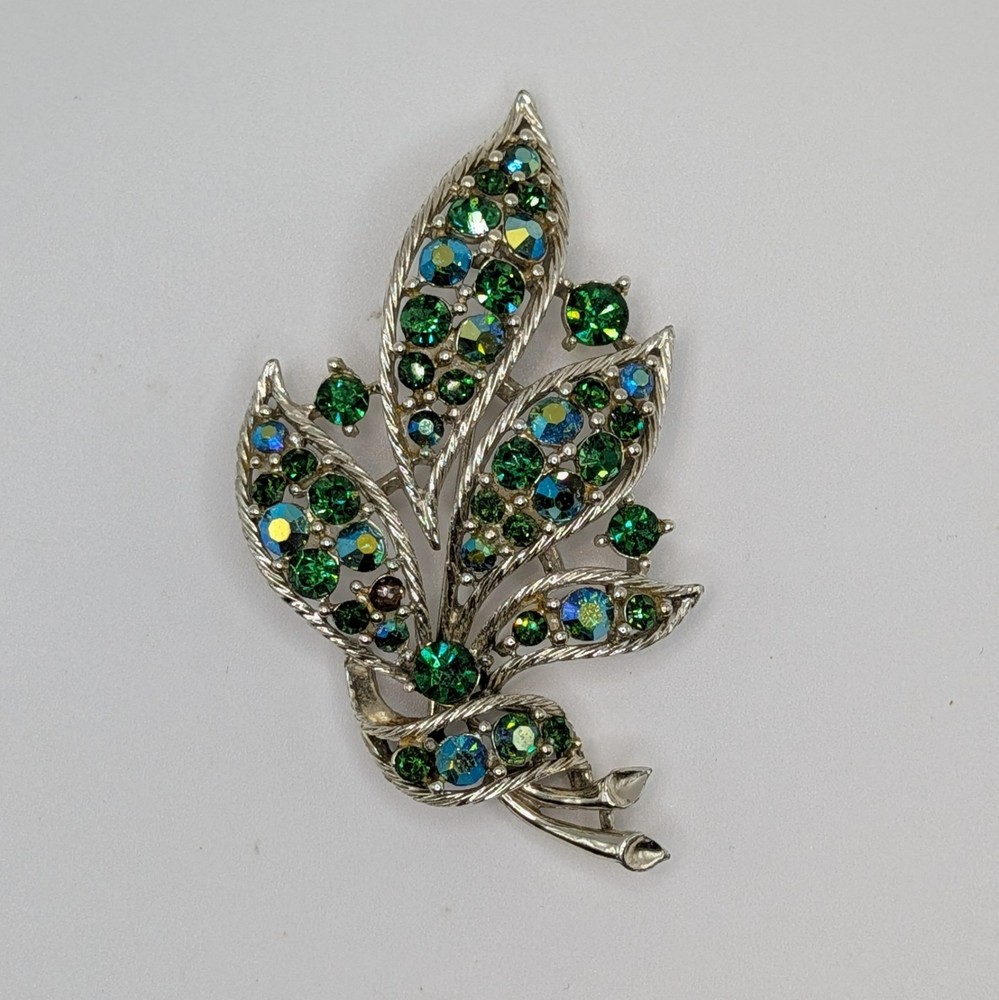 Vintage Lisner Leaves Brooch Blue Green AB Rhinestone Gold Tone