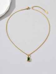 Vintage Green Rhinestone Necklace Gold Stainless Steel Women Gift