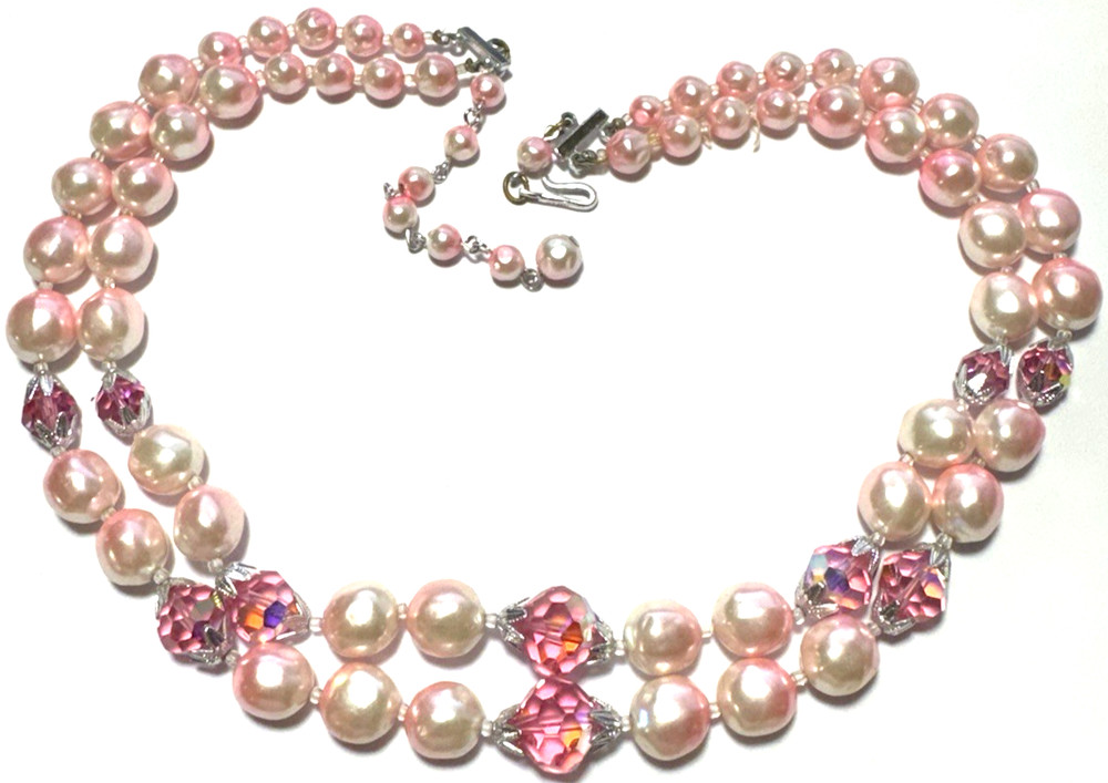 Vintage Jewelry Necklace SIGNED JAPAN Multi Strand Beaded Pink AB Glass Ombre 18