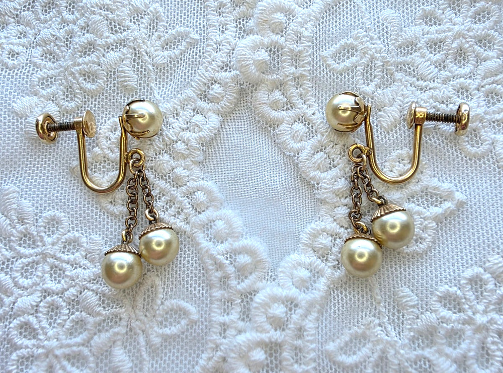 Vintage JMS Faux Pearl Earrings Dangle 12K Gold Filled Screw Back 1940s-1950s