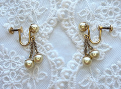Vintage JMS Faux Pearl Earrings Dangle 12K Gold Filled Screw Back 1940s-1950s
