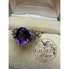 Timeless Vintage 10K Gold Natural Amethyst & Diamond Ring | Size 7
