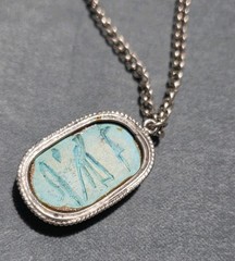 Vintage Egyptian Revival Scarab Pendant Necklace Double Sided Hieroglyphic Blue