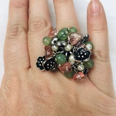 Vintage Fashion Ring Floral Beaded Silver Tone Elastic Band One Size Fits All