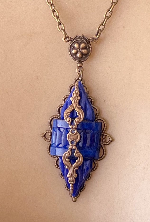 Vintage Necklace Art Nouveau Antique Lapis Blue Czech Glass Lavalier Pendant