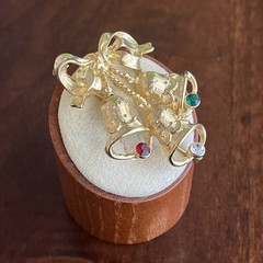 Vintage Christmas Bell’s Brooch Gold Tone With Red White And Green Rhinestone’s