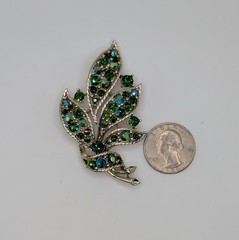 Vintage Lisner Leaves Brooch Blue Green AB Rhinestone Gold Tone