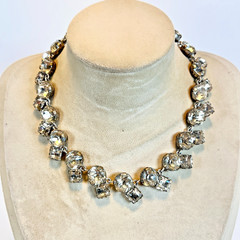 ANTIQUE Art Deco Hu Clear Crystal Paste Stones Rivière Necklace Round & Square