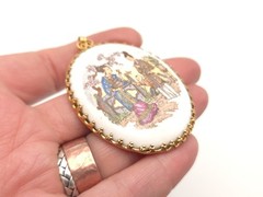 Vintage Porcelain Asian Japanese Couple Scene Gold Tone Large Oval Pendant