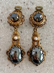 Vtg West Germany Hematite Glass Cabochon Filigree Necklace Clip Earrings Set