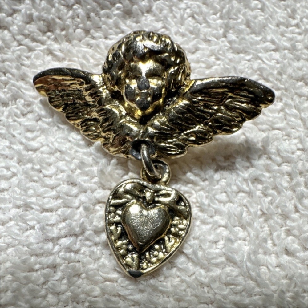 Gold Angel and Heart Brooch Pin Vintage Angels Love Theme No Stone Jewelry