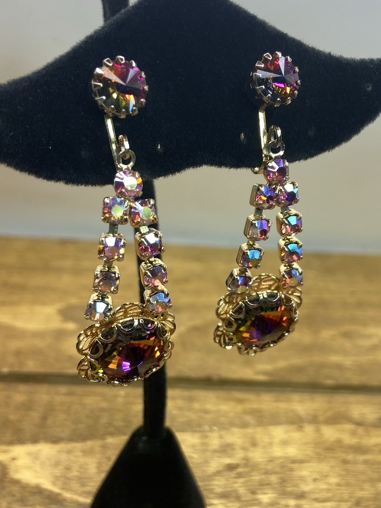 Vtg 1960s Watermelon Glass Rivoli & AB Rhinestone Clip On Dangle Earrings 2”