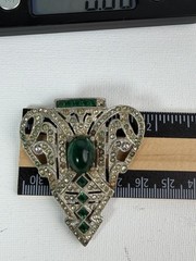 Vintage Art Deco Costume Green And White Rhinestone Clip On Brooch