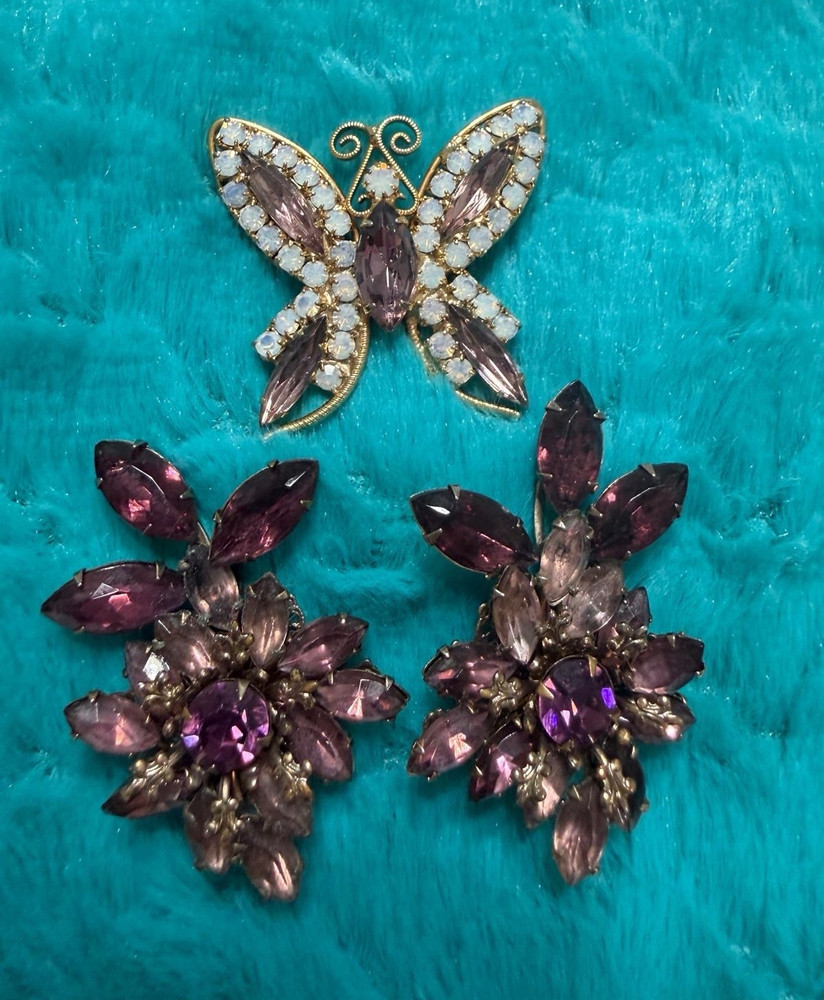 Vintage Butterfly Rhinestone Brooch Pin & Clip-On Earrings Set Purple Clear Gold