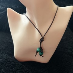 Vintage Engraved/Painted Pendant Strung On 24” Leather Cord-2Wood Beads on Ends