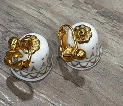Vintage 90s Avon Signed White Porcelain Bell Clip-On Earrings Gold Tone Trim VTG