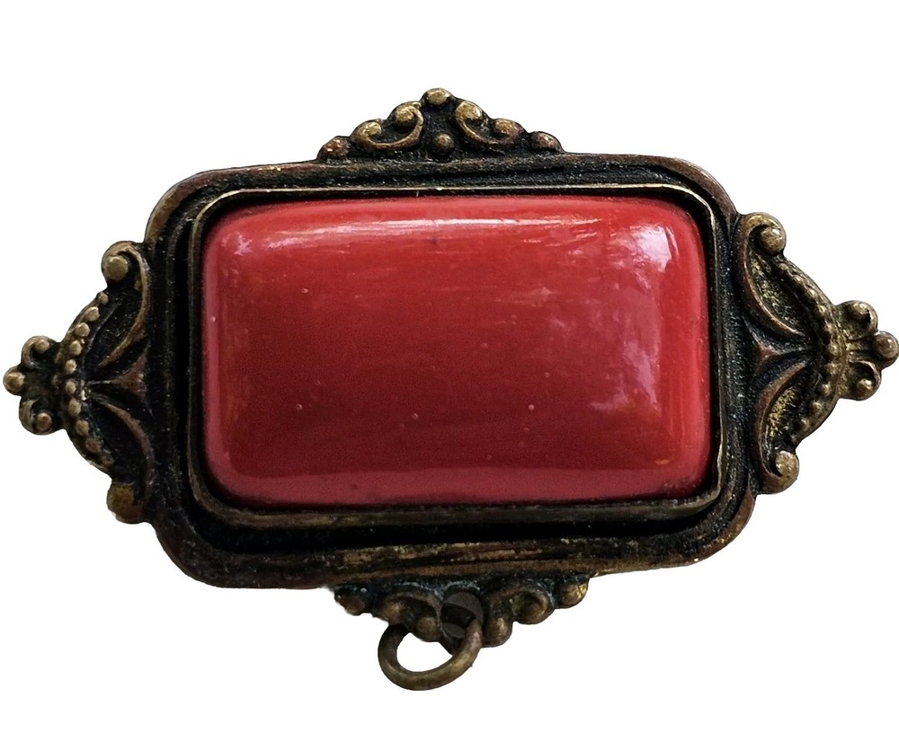 Antique Victorian Art Nouveau Sash Pin Brooch Red Cabochon Brass Real Authentic
