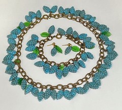 Vintage Grapes & Leaves Glass Neckace Bracelet Earrings In 14k B-on Brass Chain