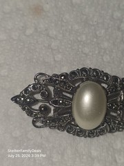 Vtg Sterling Silver Faux Pearl Marcasite Brooch Pin Art Deco Or Victorian