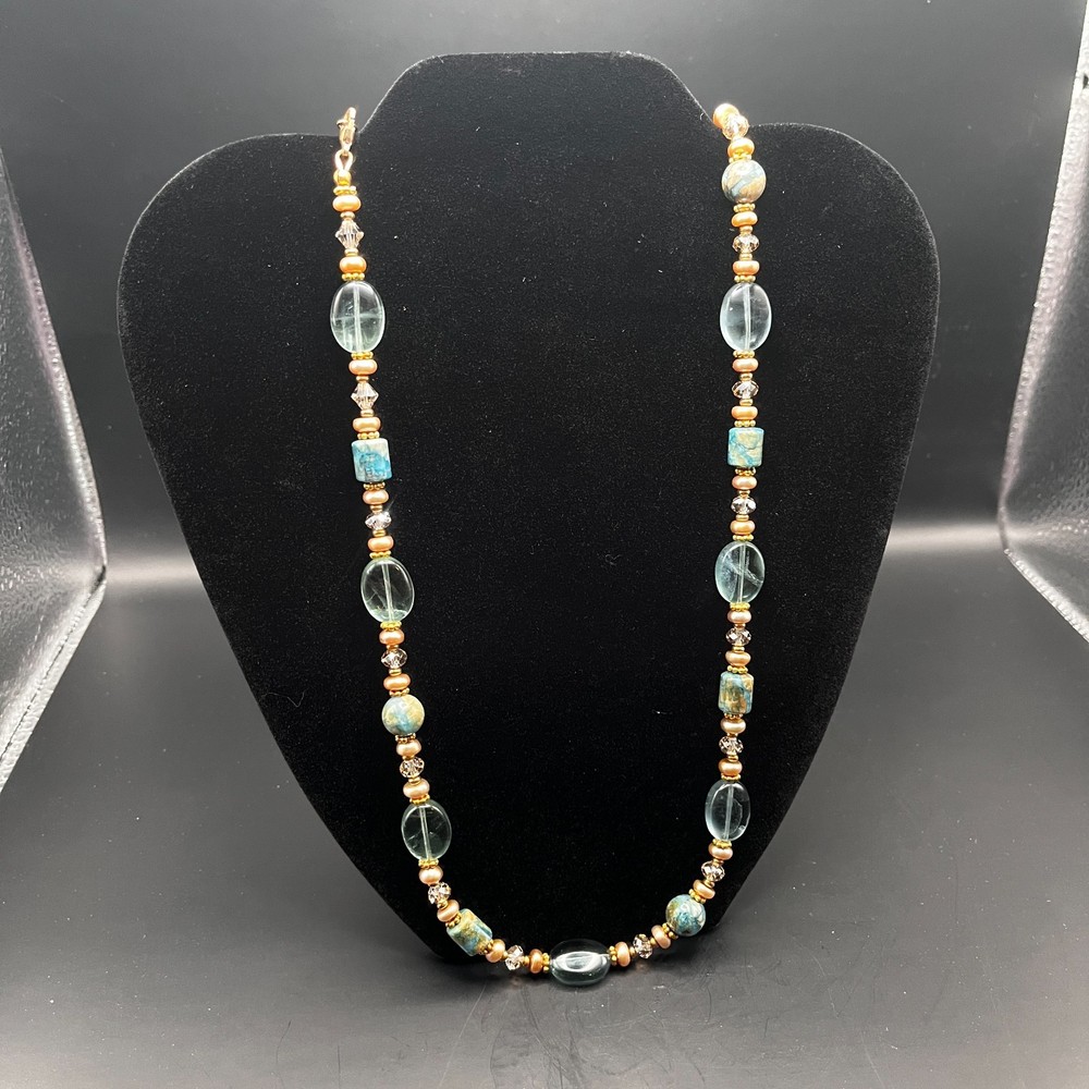 Vtg Strung Turquoise Faceted Glass & Gold Bead Beach Casual Artisan Necklace 24″