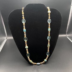 Vtg Strung Turquoise Faceted Glass & Gold Bead Beach Casual Artisan Necklace 24″