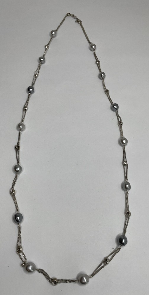 Vintage MONET Silver Tone Ring Bead & Gray Faux Pearl Long Necklace 36in