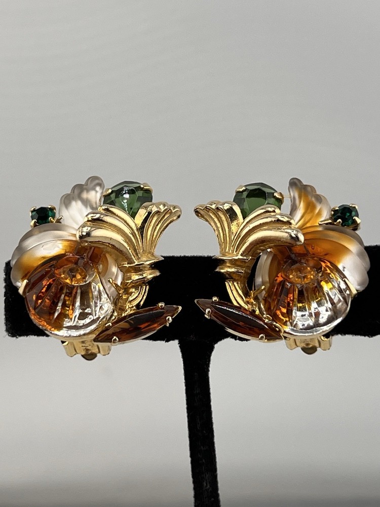 Vintage Edlee Molded Glass Gold Tone Green Amber Rhinestone Chunky Earrings