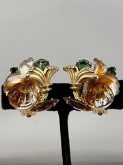 Vintage Edlee Molded Glass Gold Tone Green Amber Rhinestone Chunky Earrings