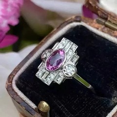 Art Deco Style Oval Ruby Lab Created Diamond 14K White Gold FN Engagement Ring