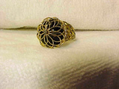 Vintage Gold Tone Wire Wraped Ring Caged Black Stone (Onyx?) Adjustable