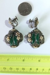 Vtg (Antique?) Screwback Filigree Dangle Earrings: Faux Pearls, Marcasite, Jade?