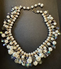Vintage Filigree Beads Cha Cha Beaded Necklace with Faux Pearls AB Rhinestones