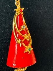 VINTAGE ART CHRISTMAS TREE Enamel Necklace RED CONE with RHINESTONES MCM