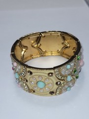 Vintage Wide Cuff Cloisonné Bracelet Ornate Enamel Rhinestone Gold-tone Jewelry