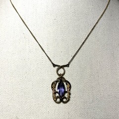 Antique Art Nouveau Lavalier Necklace Purple Glass Pendant Filigree Clasp c1900