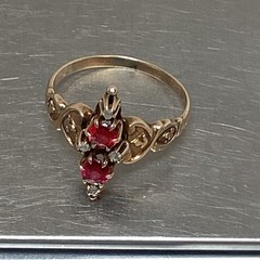 Antique Edwardian Rose Gold Ring 2 Red Zircons, 4 Diamonds Size 6.5