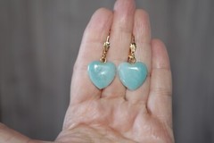 Vintage Carved Heart Larimar Lever back Earrings in 14K GF