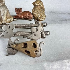 Funny Cat & Mouse Brooch Mixed Metal Cheese Weird Quirky Vintage Figural Pin