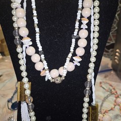 Vintage Beaded Tigers Eye ? Puka Shell Faux Pearl 4 Necklace Custome Jewelry