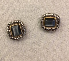 Designer Look Gold Silver Tone Dark Grey Black Cabochon Clip On Earrings 1”