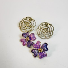Vintage Y2K Flower Earring Set Purple Gold Floral Studs Whimsygoth Cottagecore