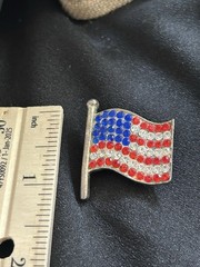 Vintage Patriotic American Flag Rhinestone Brooch Pin Red White Blue Waving USA